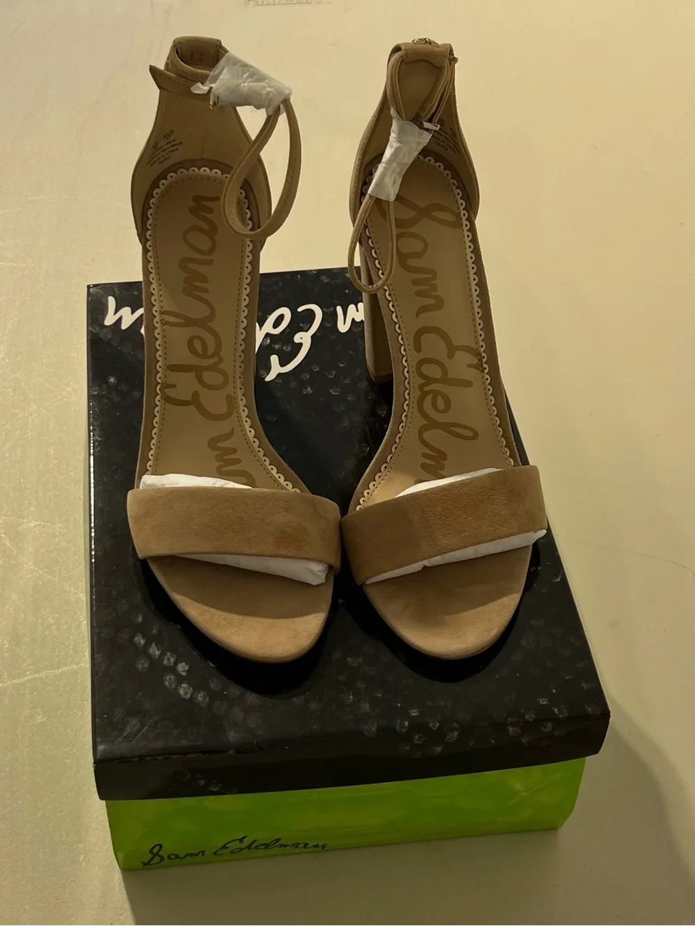 Sam Edelman Taupe Suede Ankle Tie Block Heel Sandals